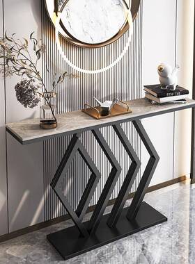 岩板新中式玄关桌奢入靠户条简约玄57592关台墙超窄桌玄案关柜轻