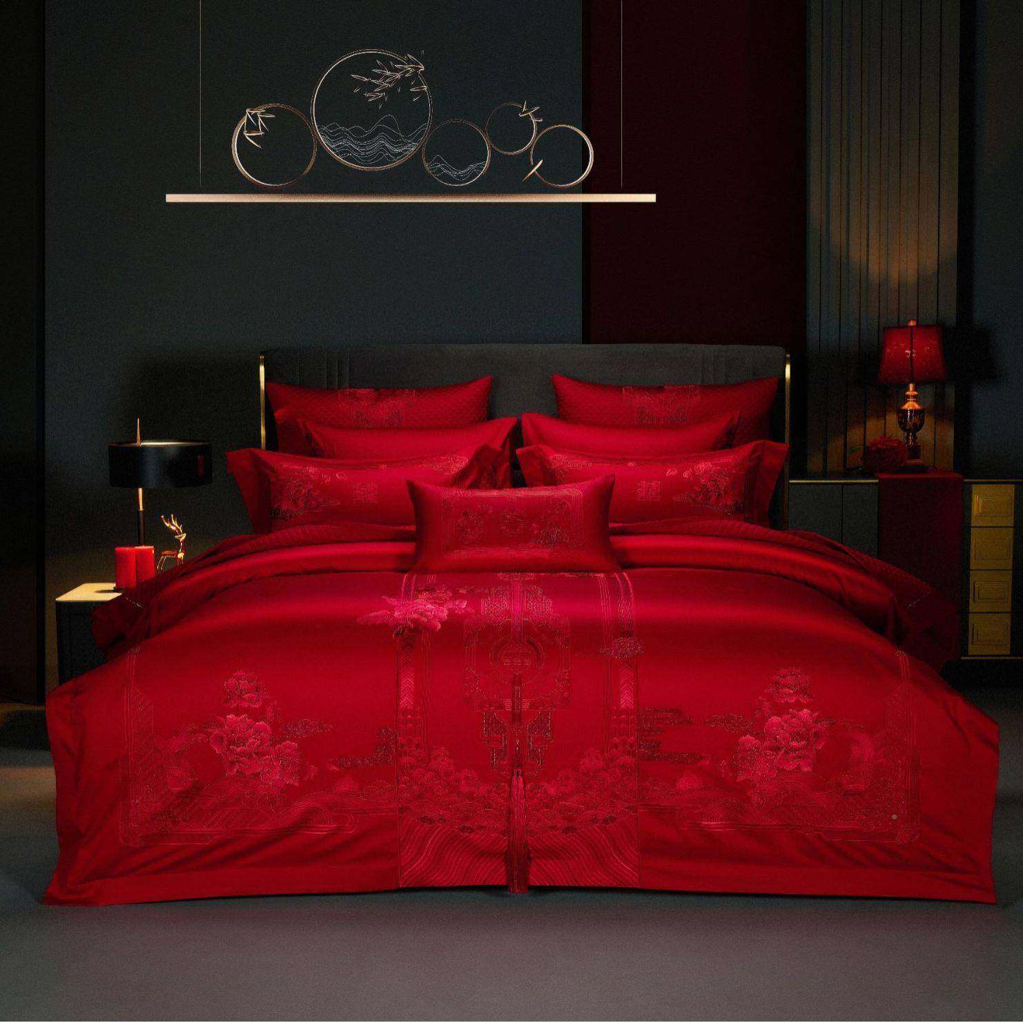 房婚家纺刺红色四DM1082件套长绒棉花卉绣结婚床上用品婚布置陪嫁,床上用品,婚庆床品套件,淘宝优惠券,粉丝福利购,淘宝优惠卷