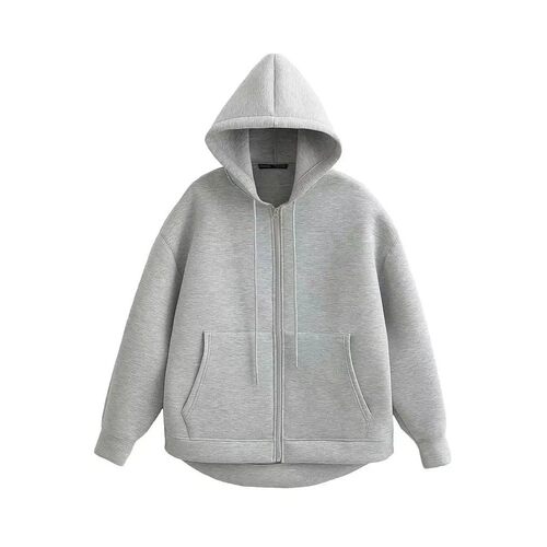 Autumn Women Gray Jacket With Hood Long Sleeve Big Pocket