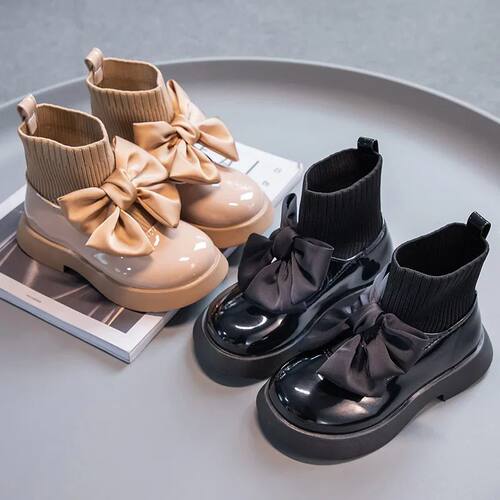 Girls Black Non-slip Kids Fashion Bow Elegant 2025 Glossy