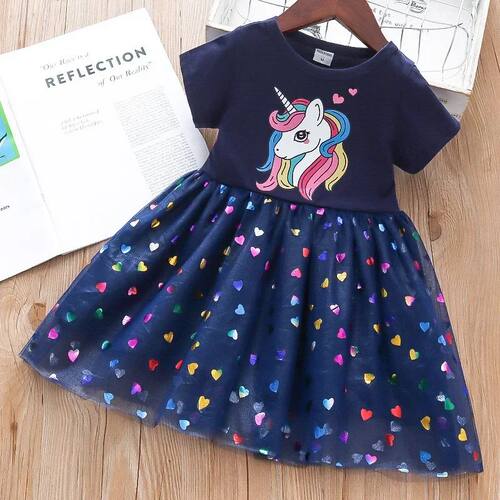 Kids Dresses for Girls Sohort Sleeve Unicorn Girls Sequins