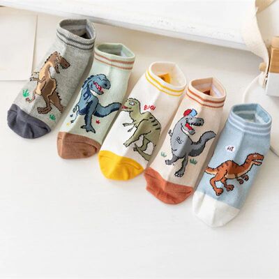 5 Pairs Boy's Dinosaur Pattern Socks Comfortable Breathable