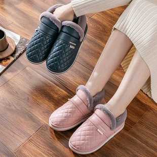 新款直销防水拖鞋冬款简约皮质棉居家防滑保暖情侣包跟棉男女居家