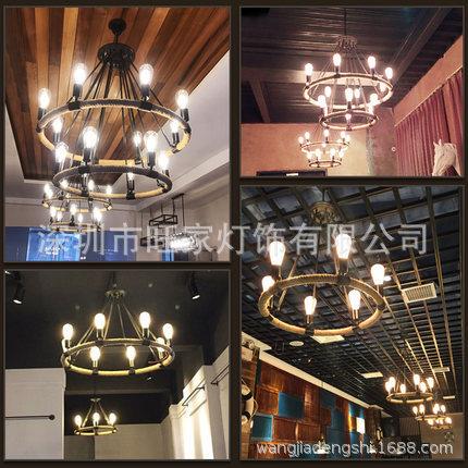新款直销美式loft复古工业风酒吧餐厅铁艺个性创意双层麻绳圆古堡