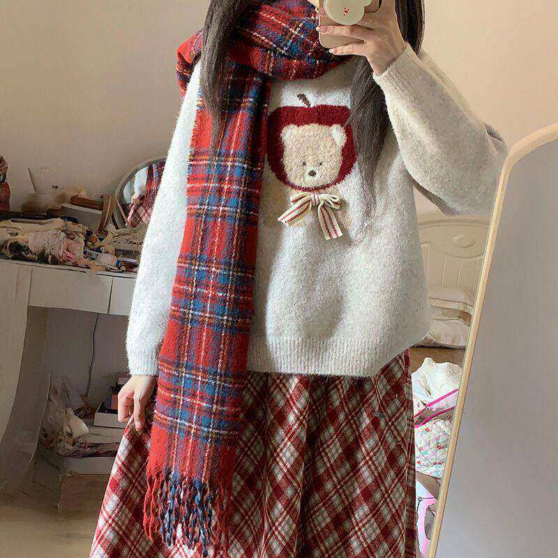 日系甜美可爱软糯提花针织毛衣女秋冬叠穿高腰格纹半身裙两件套装