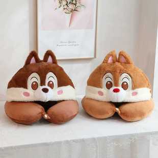 新款直销卡通花栗鼠连帽U型枕奇奇蒂蒂带帽子护颈枕便携办公室午