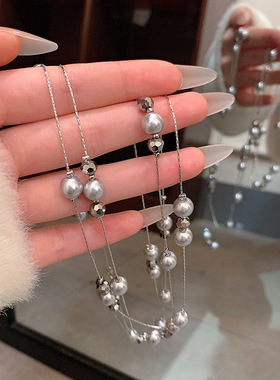双层满天星灰色珍珠项链女感叠戴长款毛衣链秋冬百搭配饰