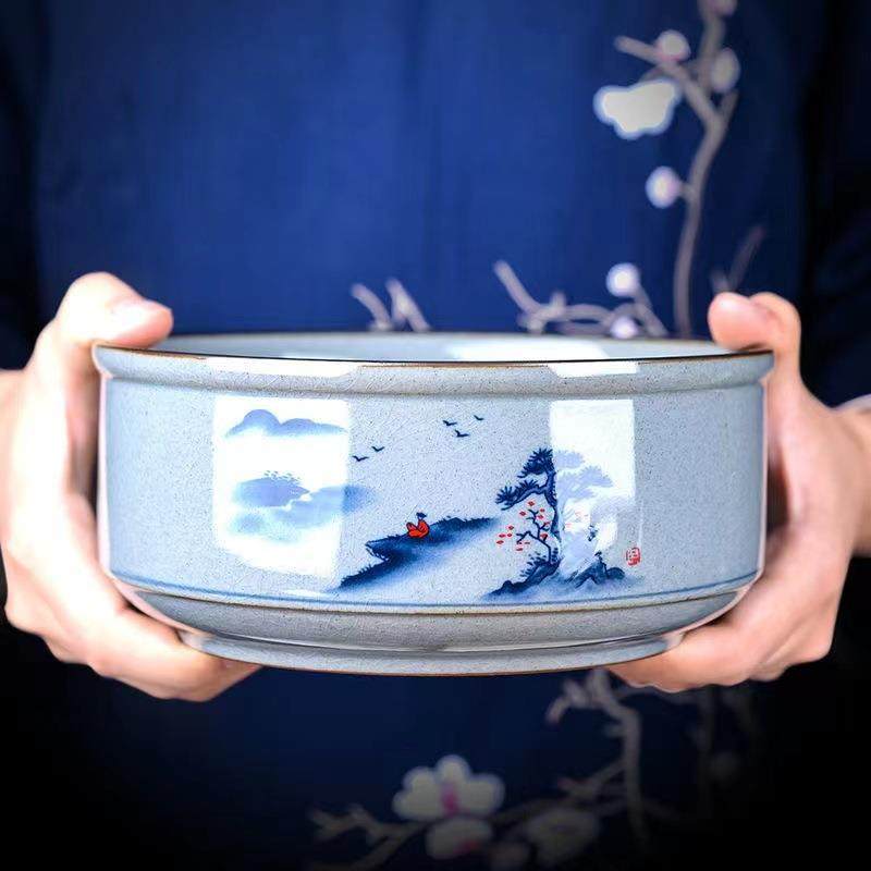 新款直销哥窑青花茶洗小号大号特大号茶道笔洗陶瓷水盂茶渣缸功夫