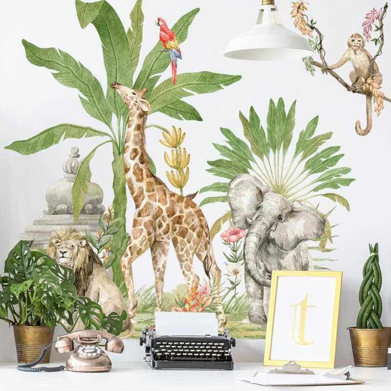 新款直销热带雨林长长颈鹿贴纸狮子大象儿童房装饰贴画可爱猴子可