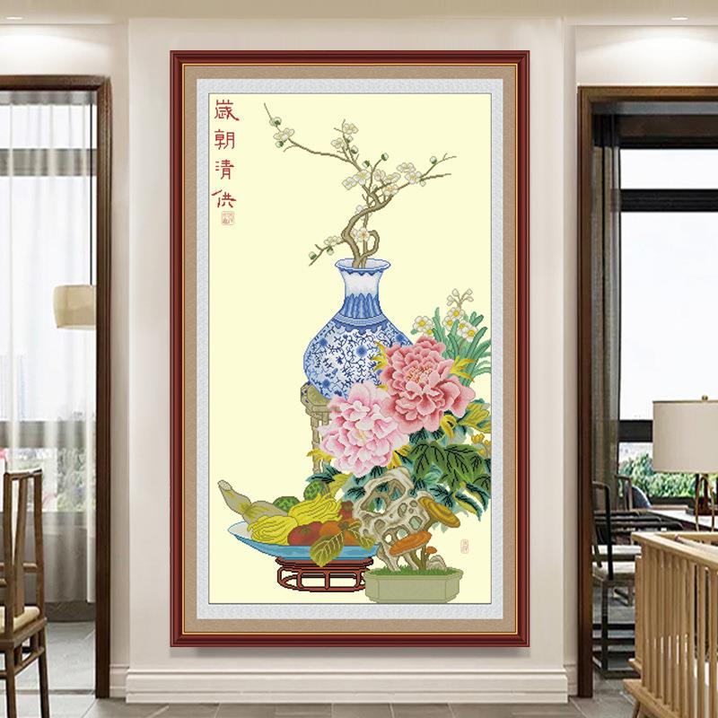 新款直销十字绣2023新款中式玄关挂画岁朝清供图清新刺绣线绣自己