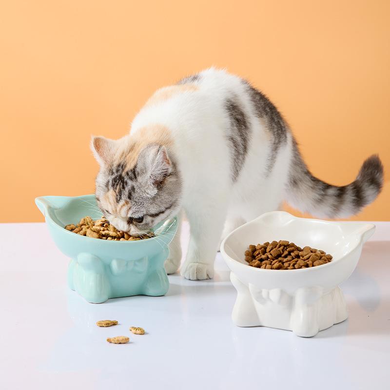 新款直销包邮斜口猫咪食盆喂食碗护颈椎喝水喂食狗碗高脚陶瓷猫碗