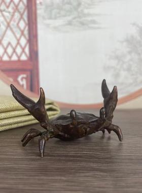 新款直销古玩铜器仿黄铜包浆螃蟹吉祥茶宠茶具茶道盖置家居装饰品