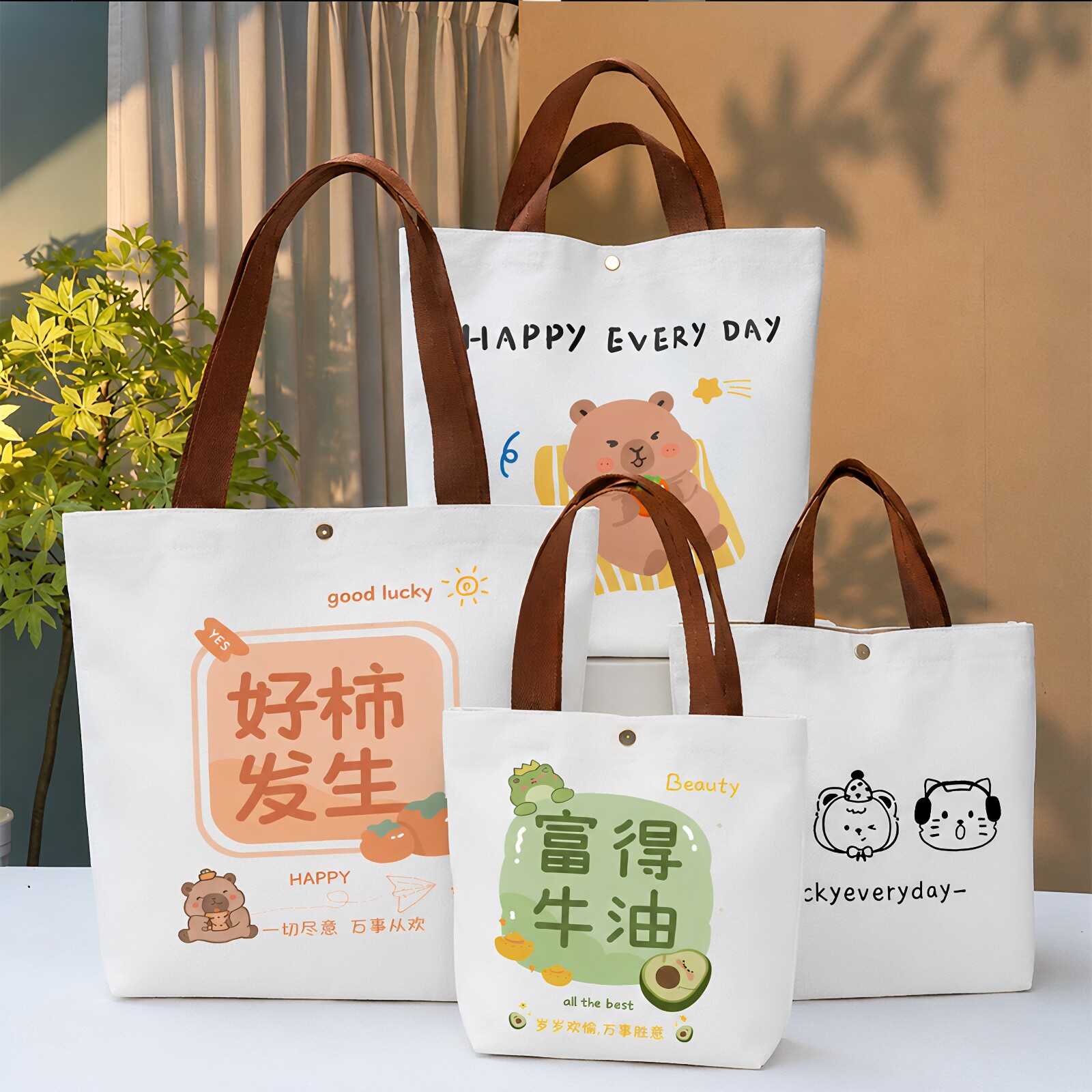 大容量包包女生通勤外出帆布包卡通文艺宝爸妈带娃收纳包大带拉链