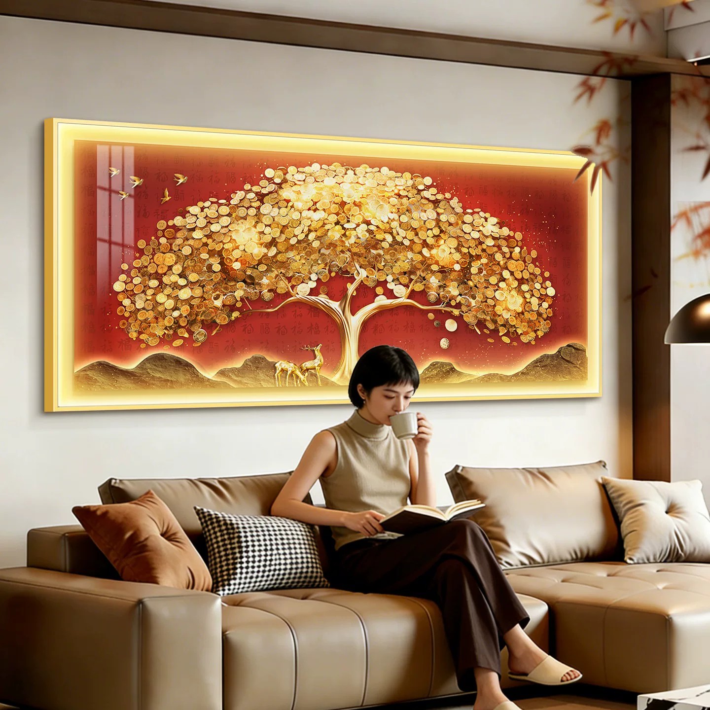 轻奢现代装饰画摇钱树led灯画客厅沙发背景墙挂画可定制发光壁画