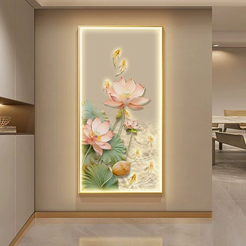 荷花九鱼图LED灯画玄关装饰画