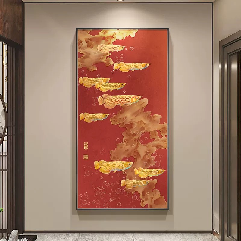 九鱼聚财新中式玄关装饰画走廊过道竖版挂画九鱼图入户招财壁画图片
