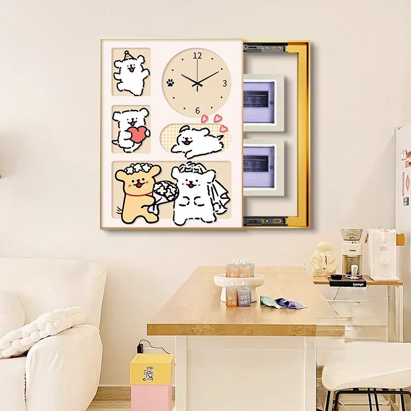 线条小狗带钟表电表箱装饰画