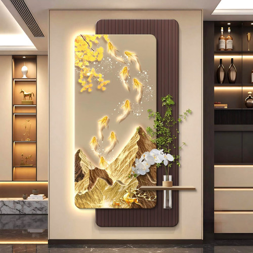 九鱼聚财玄关装饰画双层精雕led灯画入户对门轻奢简约叠加壁画