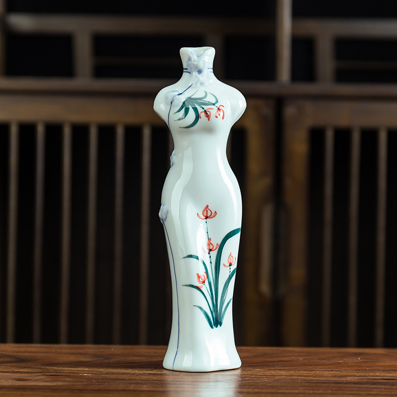 旗袍仕女干花水培绿植花插陶瓷花瓶新中式客厅玄关电视柜家居摆件
