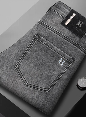 巴宝绅春夏男士牛仔裤弹力修身小脚长裤 烟灰色