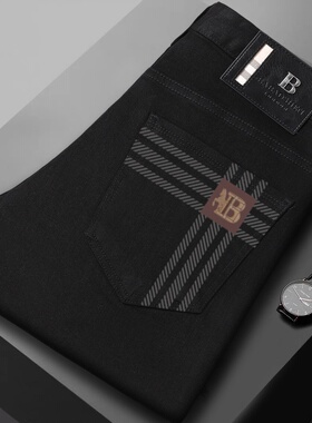 巴宝绅秋冬新款男士牛仔裤数码印花韩版弹力修身小脚长裤子纯黑色