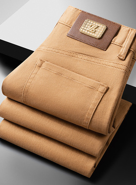 2025新款秋冬季卡其色牛仔裤男款修身小直筒轻奢商务休闲男士裤子