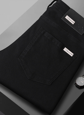 GABBANIE秋冬牛仔裤男韩版潮流弹力修身小直脚高档男装长裤纯黑色