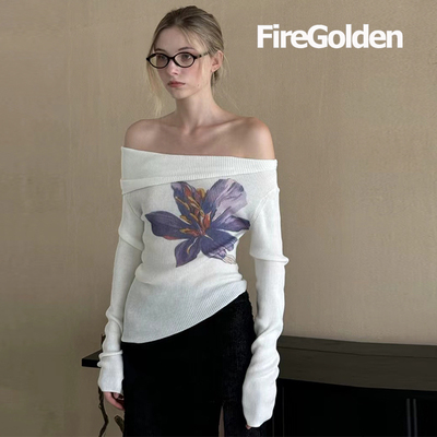 FireGolden炉2024秋冬一字肩斜肩多穿斜摆含羊毛印花内搭毛衣女