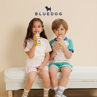 BLUEDOG蓝狗25春夏新款 T恤男女童儿童两件套 彩色拼接居家套装 短袖
