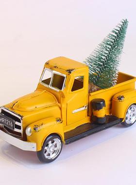 跨境创意新款复古黄色小卡车放花家居室内玄关铁艺工艺品摆件
