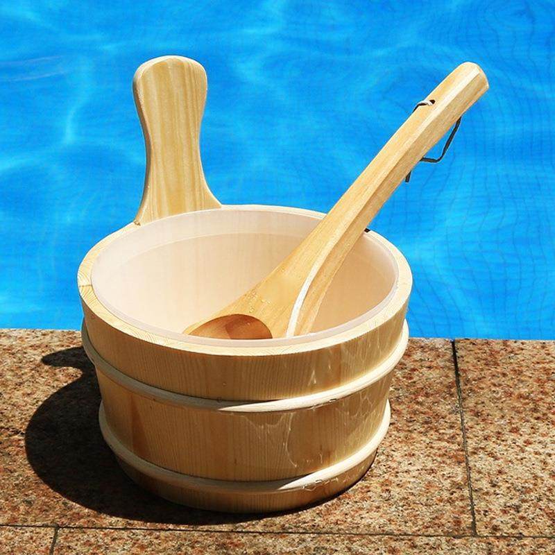 桑拿房设备配件白松木桶套装干蒸房专用木桶木勺4L桑拿炉浇水水桶