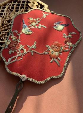 V^荷塘月古韵古扇斋花j55221风复原绣团扇机喜扇喜上枝头团绣扇小