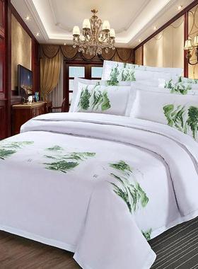款印新花6纯0S棉宾SJT馆酒店布草白色床上用品贡缎四件套花提被套