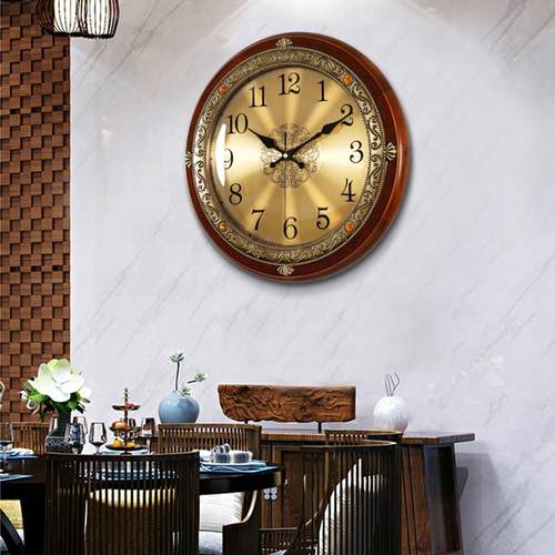 ⊕式圆实木挂墙新钟表NFM欧形式家用客中餐厅轻奢时尚大气静音