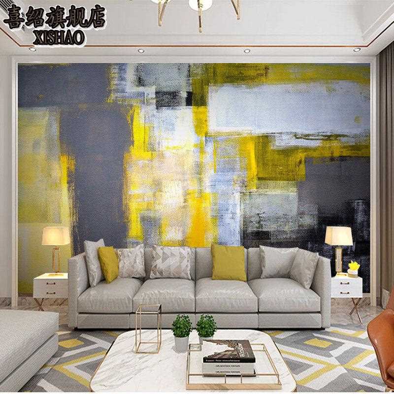 新款直销北欧手绘涂鸦艺术抽象黄色油画客厅电视背景墙纸无缝沙发