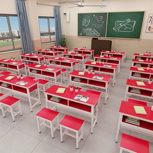 制简约U会议培训课桌椅 学生课桌双层带抽屉辅导班单人双人书桌定