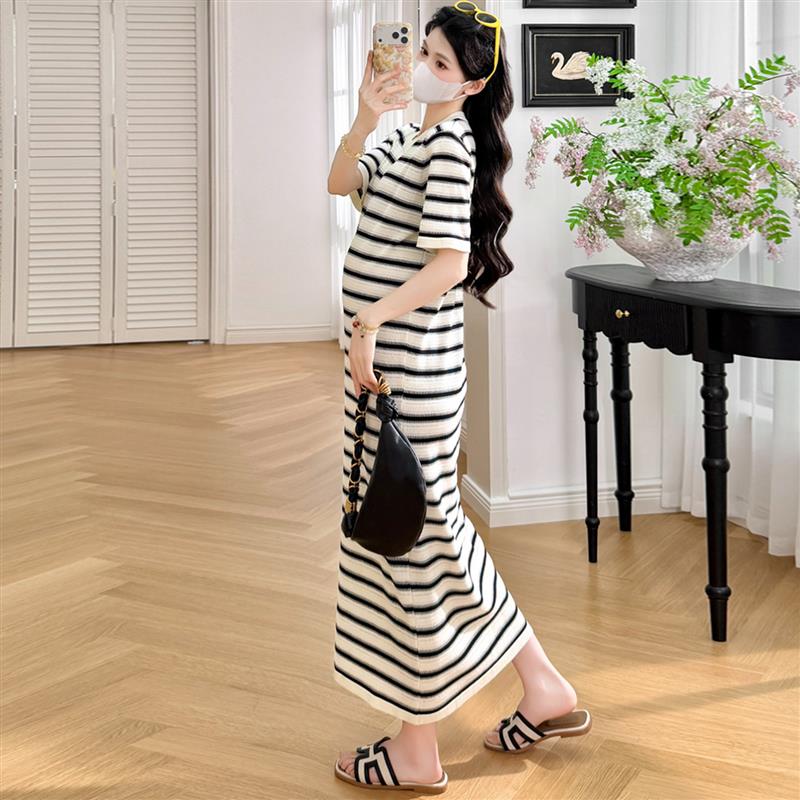 孕妇装女夏连衣裙条纹针织冰丝长款裙子孕妈法式穿搭洋气宽松显廋