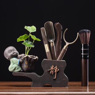 创意紫砂小和尚花器茶具茶道配件家用简约黑檀木茶勺茶夹子零配件