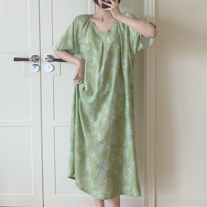 新中式复古风短袖碎花棉绸睡裙女夏季高级感小清新家居服绵绸裙薄