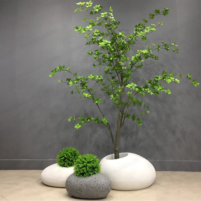 简约现代石头花盆大型椭圆鹅卵石花器别墅仿真吊钟假树造景装饰品