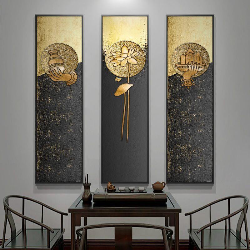 中式古典装饰画客厅有框三联画动物荷花图案艺术版画