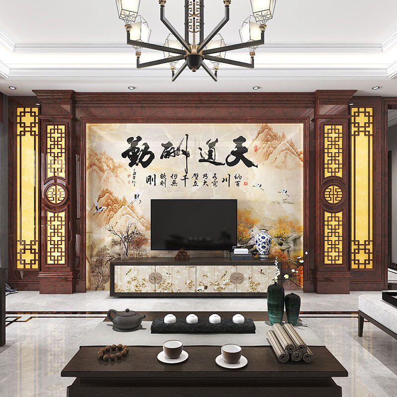 套餐新中式电视背景墙瓷砖客厅岩板大理石实木花格边框装饰 莲荷
