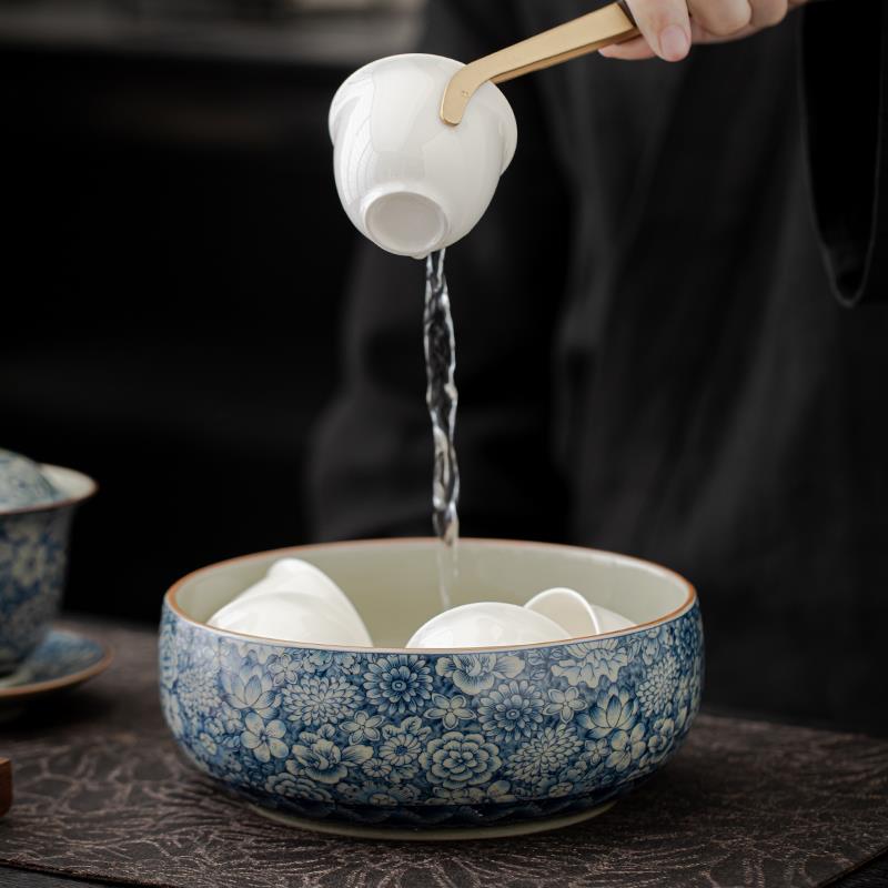 青花茶洗大号陶瓷笔洗水盂家用杯洗缸茶碗盆建水功夫茶具茶道配件