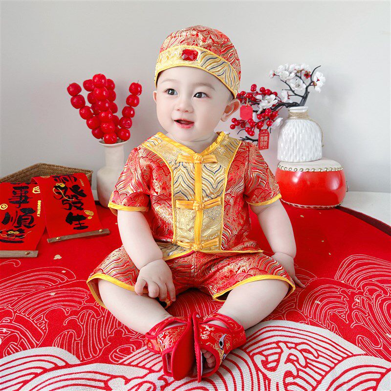 中国风百天宝宝周岁礼衣服唐装夏装周岁礼服男女抓周儿童抓周服