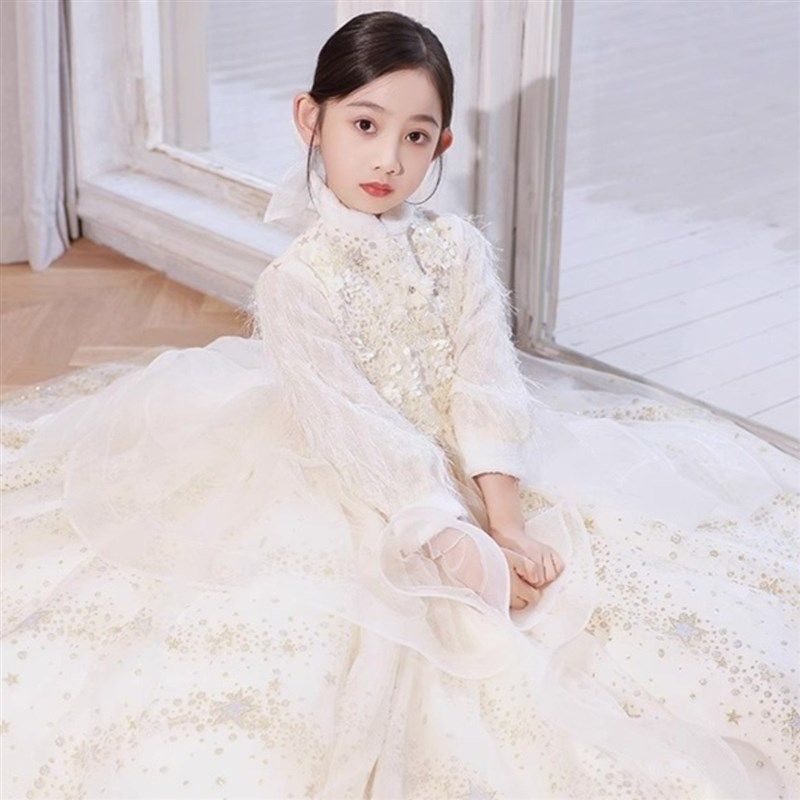 中大童钢琴生日晚礼服冬季蓬蓬纱裙小女孩微胖大码加绒加厚主持人