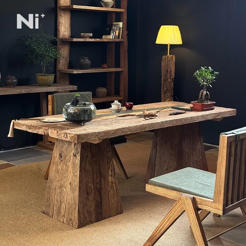 Ni+尼家实木茶桌茶台侘寂风茶室办公室复古风化老木泡茶桌椅组合