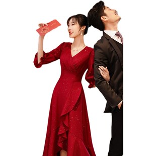 长款 v领宴会高端新娘回门敬酒服鱼尾开叉时尚 晚礼服 修身 2025新款