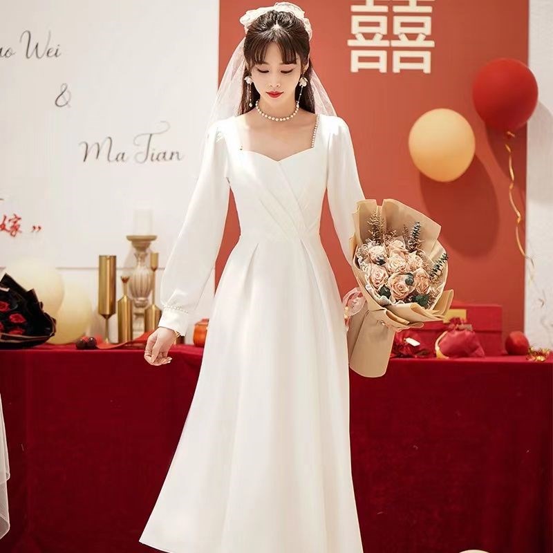白色晚礼服伴娘2024新款结婚领证小白裙气质高腰显瘦连衣裙小个子