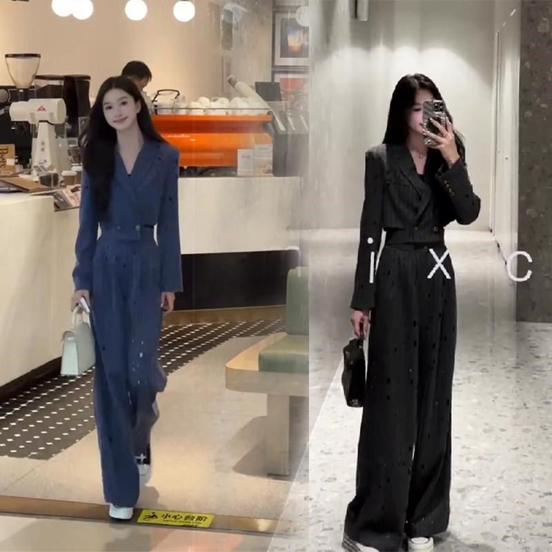 高级感时尚西装套装女2025春秋新款气质时尚短款西服阔腿裤两件套