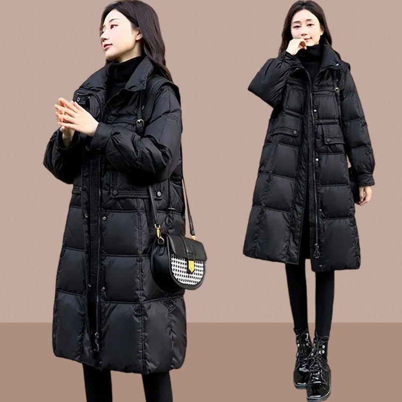 2024新款女装冬季修身收腰中长款羽绒棉服女黑色显瘦加厚外套立领
